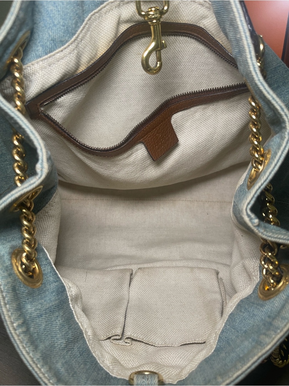Gucci Light Blue Denim Shoulder Bag with Brown Leather Tassel - Picture 9 of 13